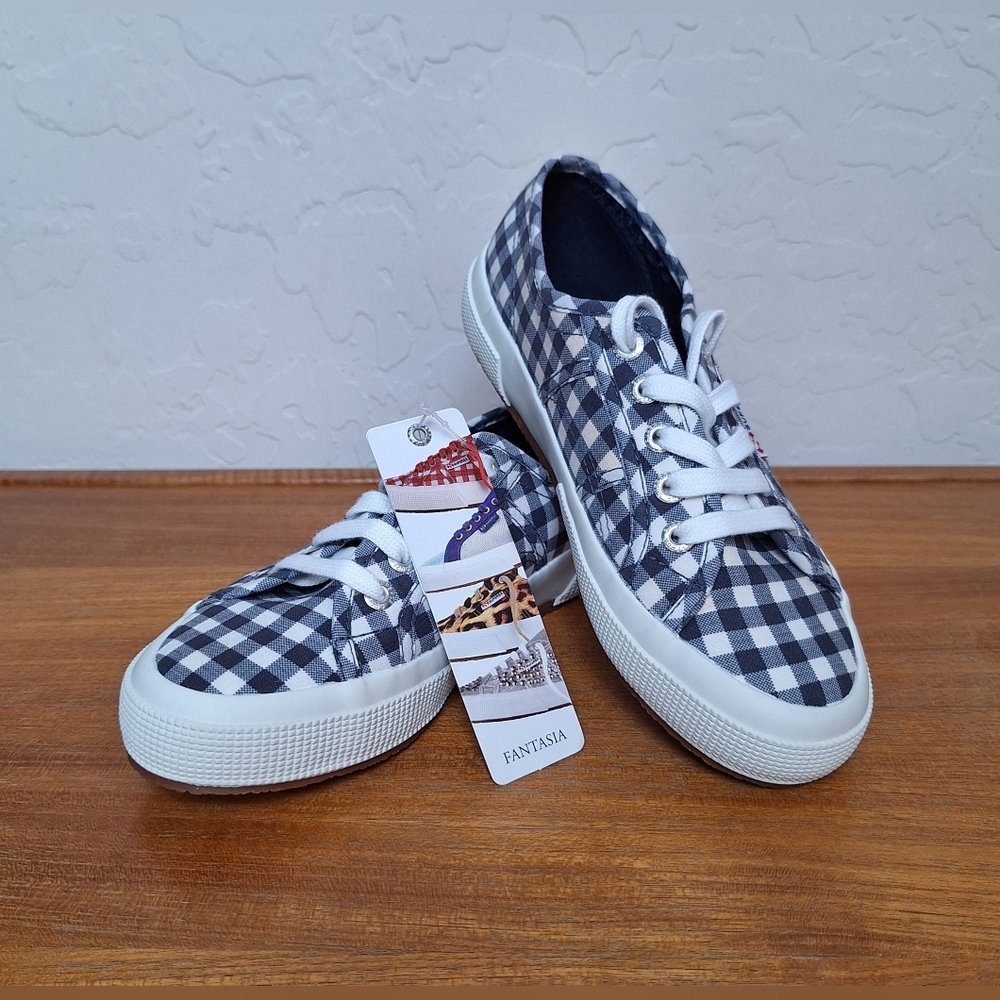 Superga Lace Up Sneakers Gingham Plaid Navy Blue Preppy Nautical NEW Womens 6